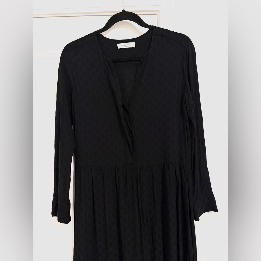 Sandro Paris Black Midi Dress Long Sleeve Textured Designer Dress - Picture 3 of 8